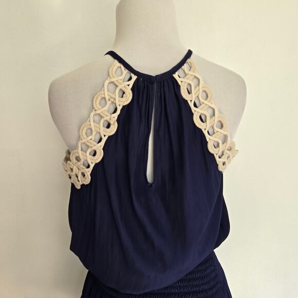 Ramy Brook Rowan Mini Dress Crochet Trim Navy Halter Top Ruffle Women XS - Picture 7 of 13